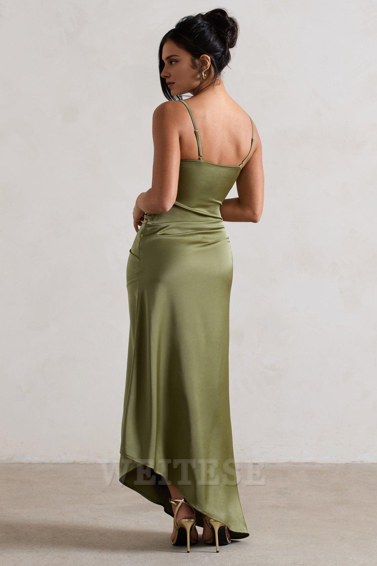 Robe Weitese en satin citron, col bénitier, robe longue asymétrique, robe de bal, bretelles spaghetti, fourreau, sans manches, robe de demoiselle d'honneur